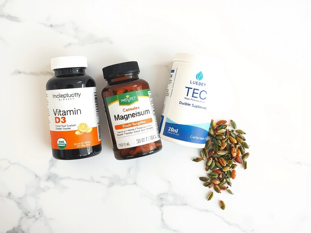 Flat-lay of essential men's vitamins and minerals including Vitamin D, Zinc, and Magnesium supplements on marble